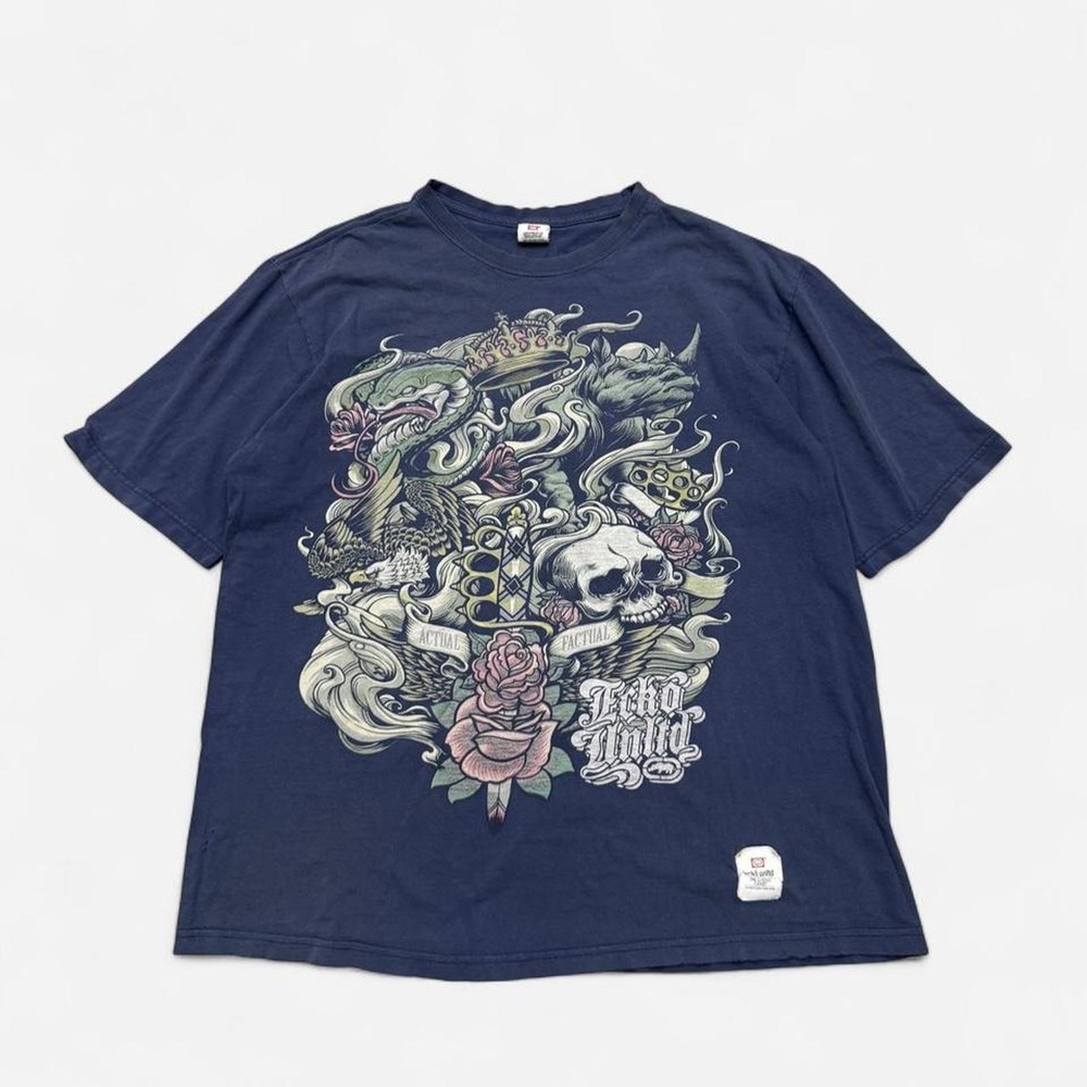 Ecko Unltd Mens 3XL Navy Blue Graphic Tee Skull Dragon Rose Y2K Skater Shirt